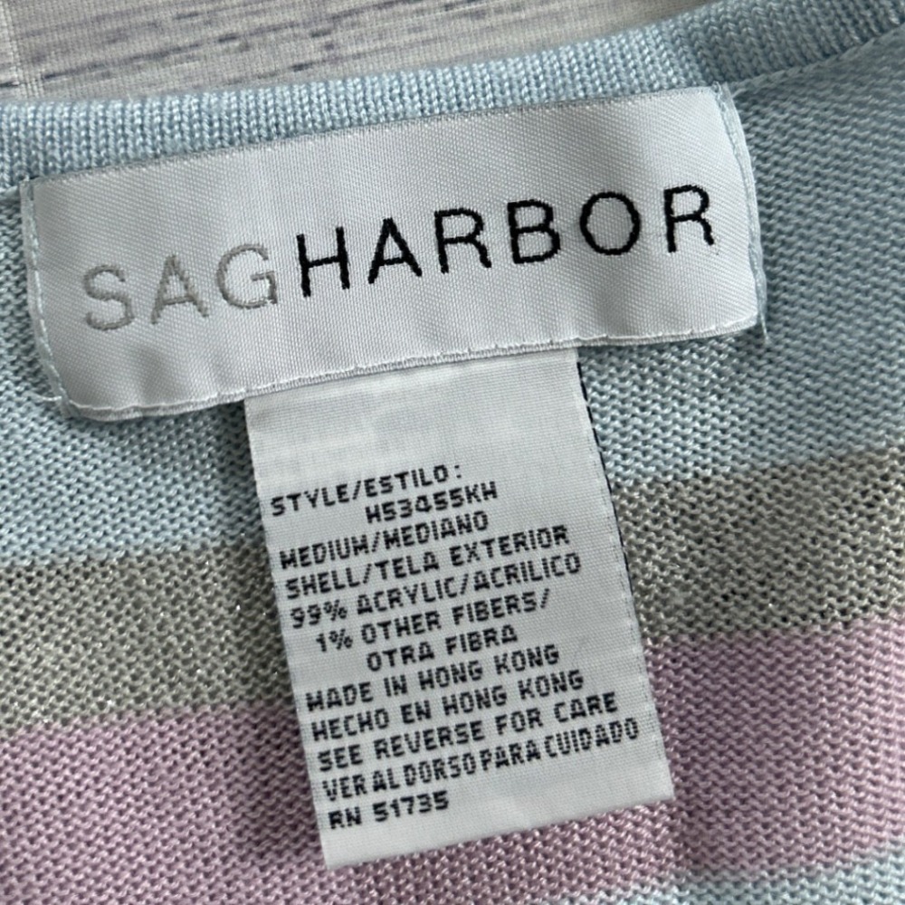 Sag Harbor Knit Top Women Pastel Striped Pointelle Metallic Short Sleeve Size M - Picture 2 of 6